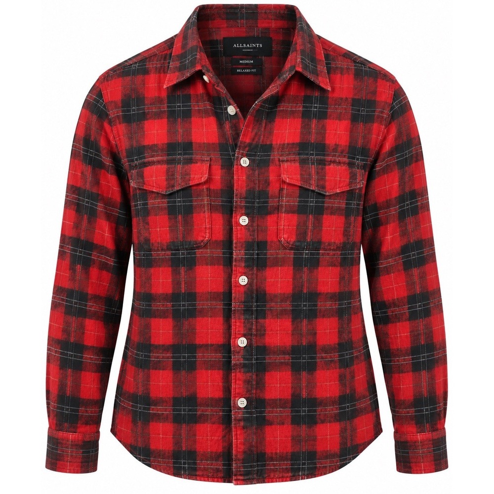 AllSaints Duane LS Shirt Mens M Red Black Plaid Relaxed Fit Flannel Button Up